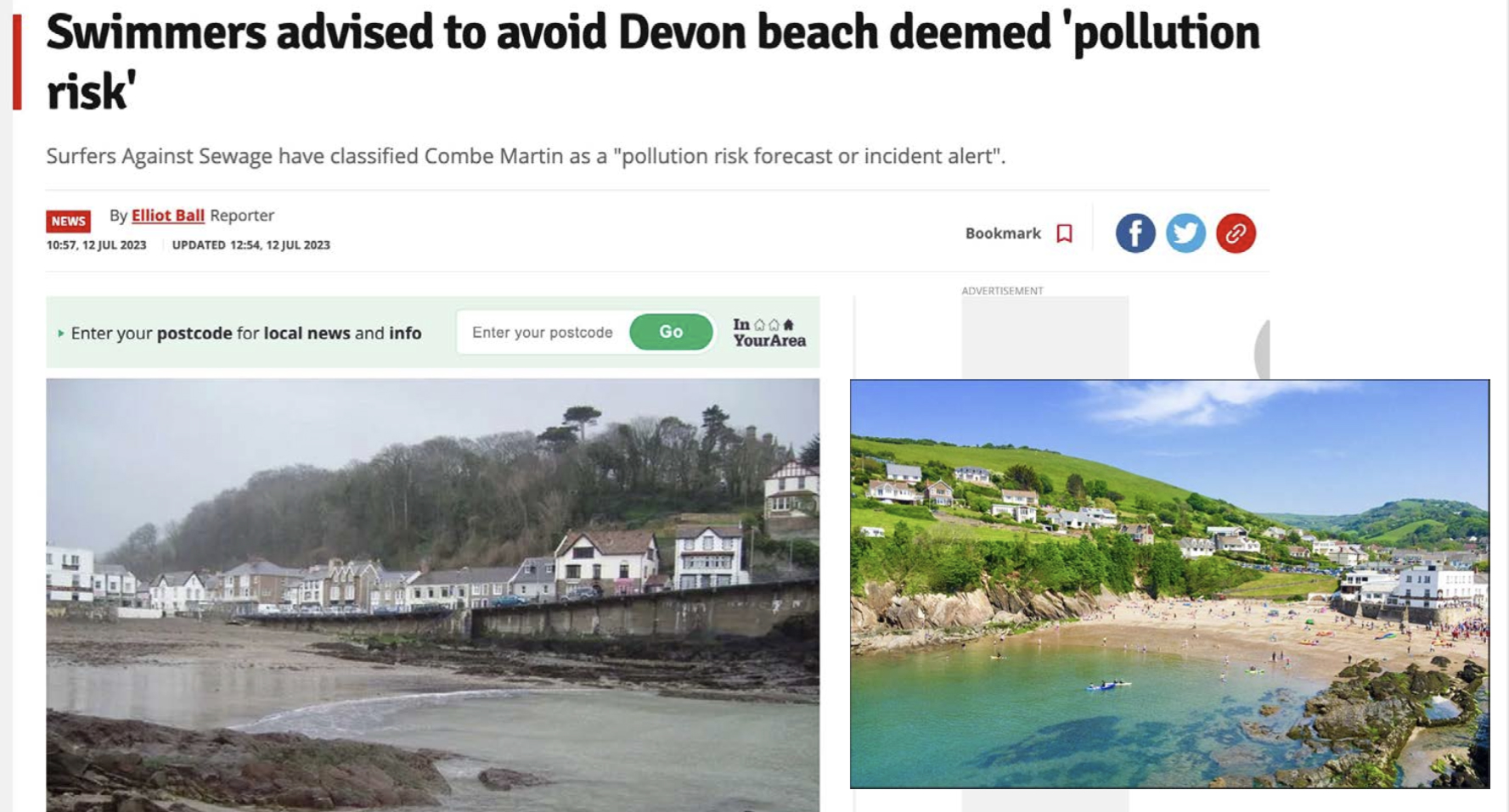 Screenshot of news article with headline 'Swimmers advised to avoid Devon beach deemed pollution risk'