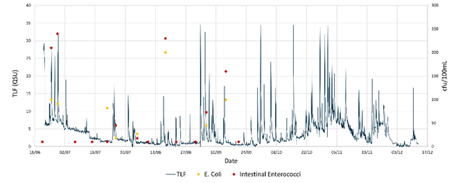 Chart showing comparison of UviLux TLF measurements (QSU) with local Environment Agency E.coli and Enterococci cell counts.