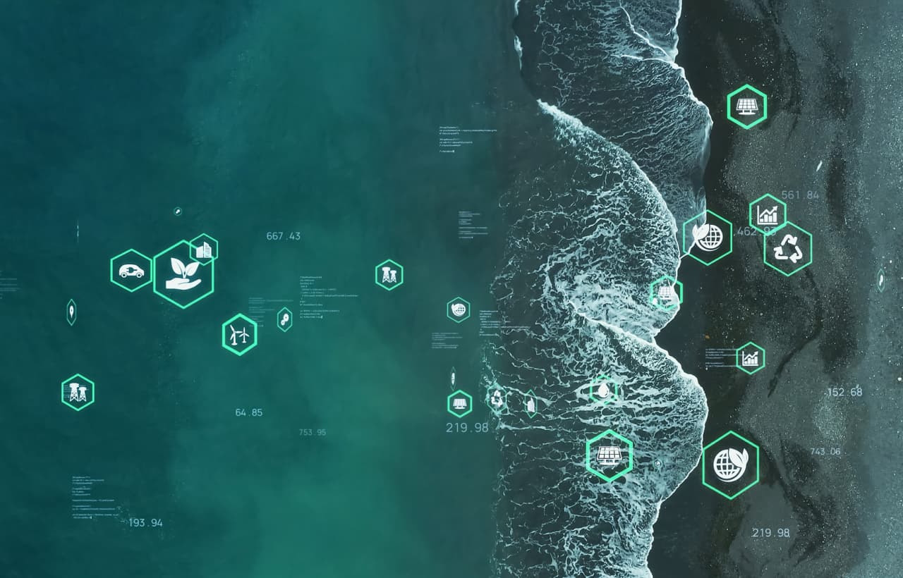 Aerial view of coastline featuring icons representing water sampling data